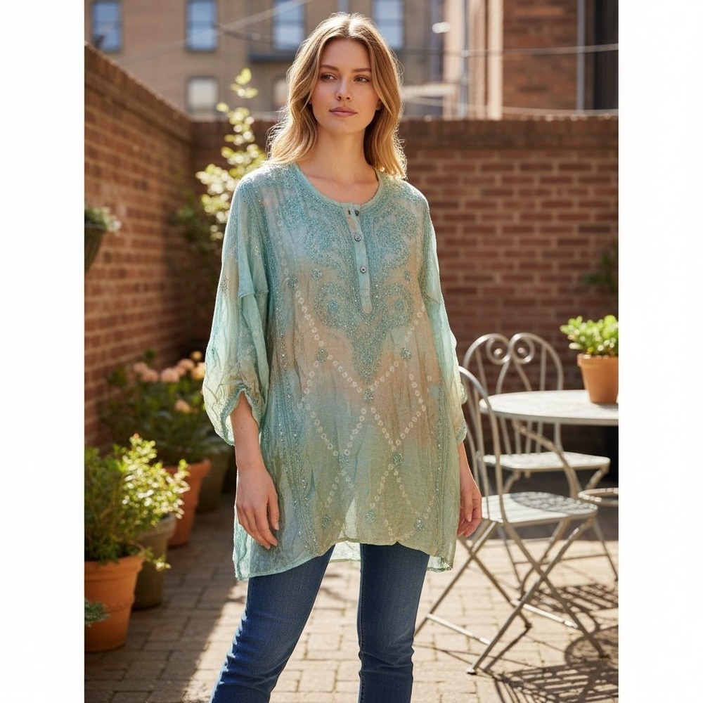 Betty B. Tunic Blouse Womens OS Multicolor Sequin Embroidered Boho Crinkle Top